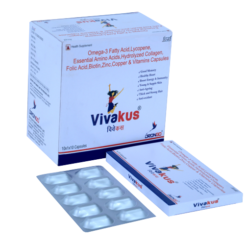 Vivakus capsule has Omega II, Lycopene, Essential Amino Acids, Biotin and vitamins and minerals. Useful in fatigue, weakness, pregnancy and neuropathic pains.
